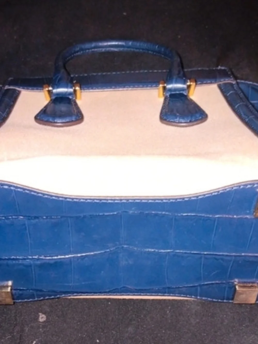 Michael Kors Beige Canvas and Dark Blue Croc Embossed Leather Crossbody Satchel